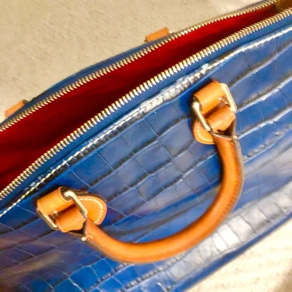 Dooney & Bourke Navy Croc Embossed Satchel with Tan Trim - Picture 11 of 16